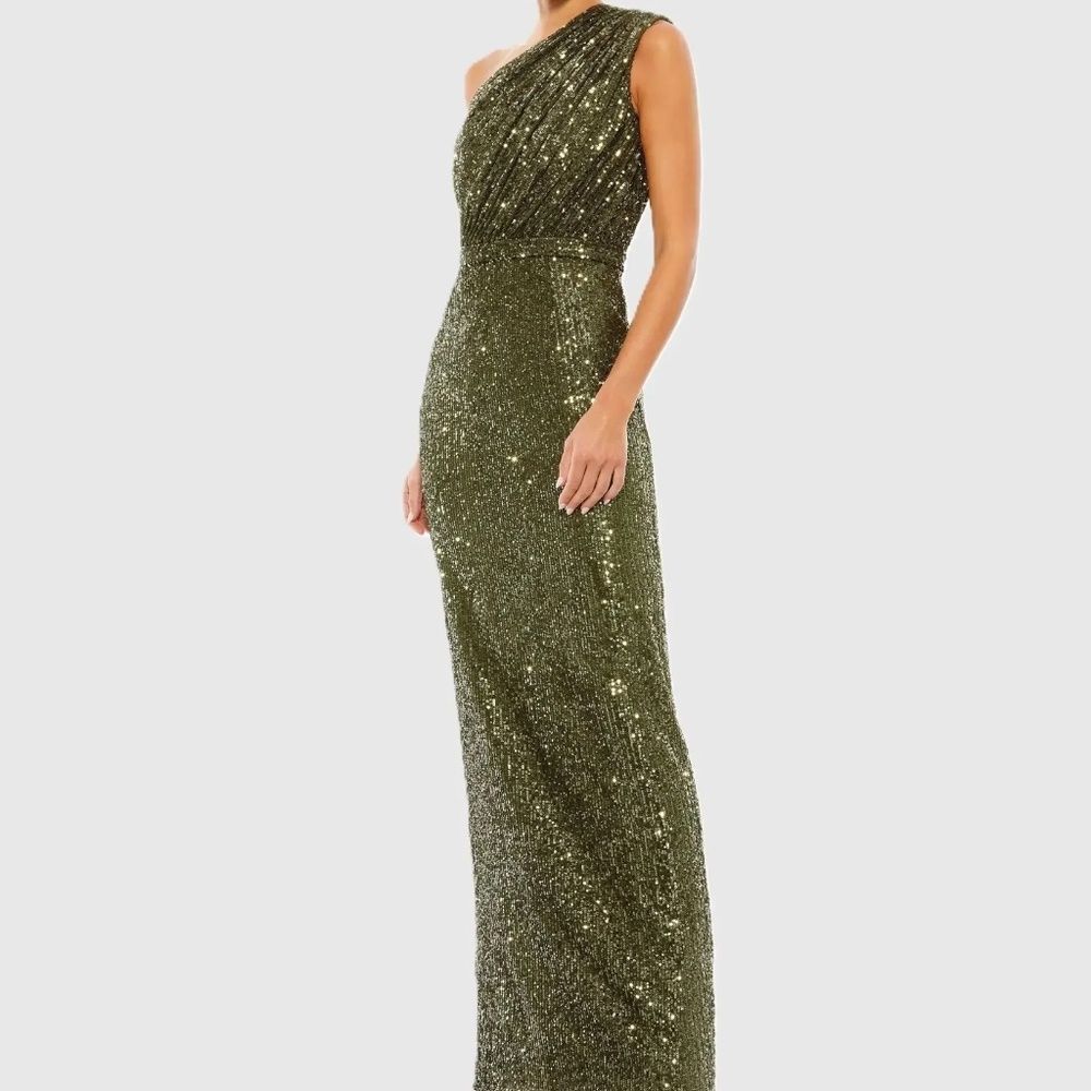 Nwt Ieena For Mac Duggal 26694 Sequined Ruched One Shoulder Gown Olive Size 16